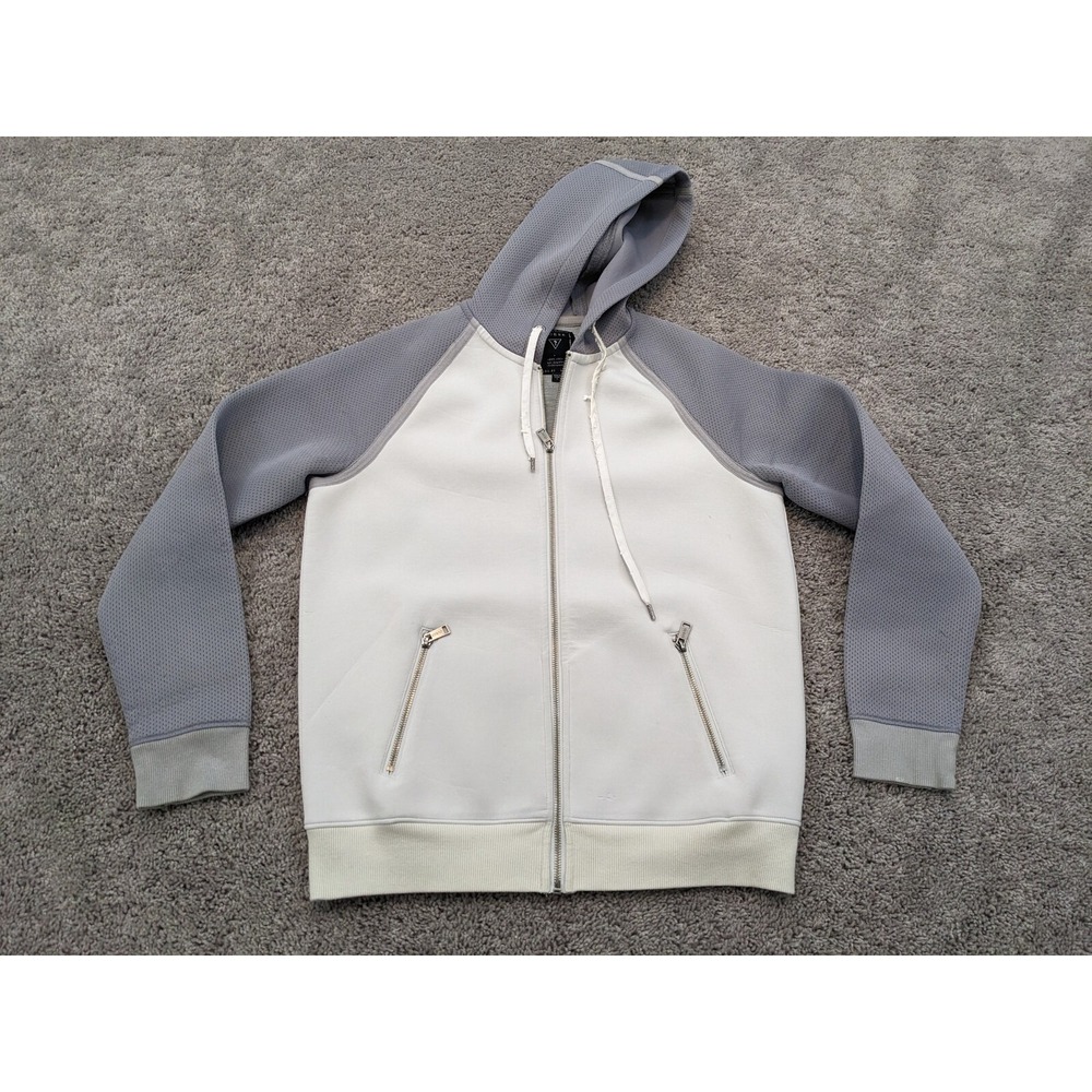 GUESS Hoodie Mens Small Gray & White Rubberized Long Sleeve Drawstring